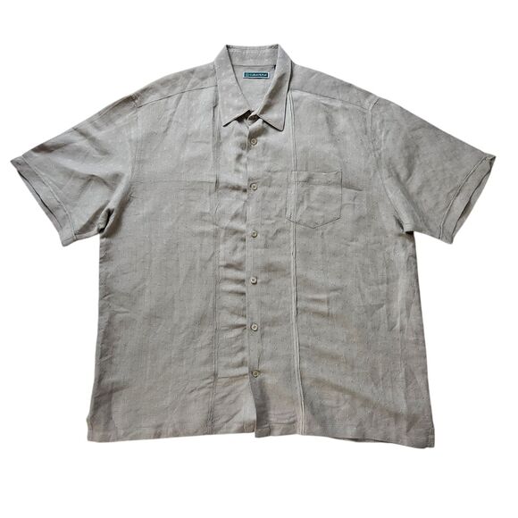 Cubavera Linen Rayon Camp Shirt Mens 2XL Beige Embroidered Panel Short Sleeve - Picture 2 of 8